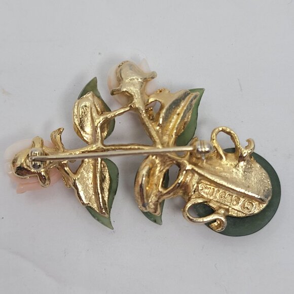 Vintage Swo Inc Gold-Tone Brooch With Green Vase & Pink Rose - Picture 2 of 4